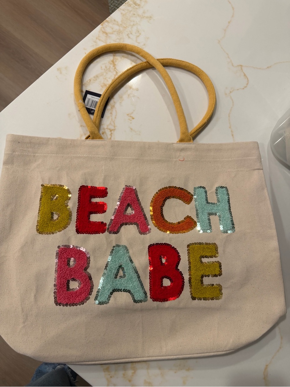 Canvas Sequin 'Beach Babe' Tote Bag - Yellow Handles, Multicolor Letters